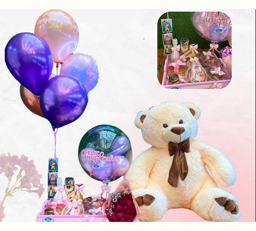 Brunch Premium completo con oso de 1 metro, rosas y globos