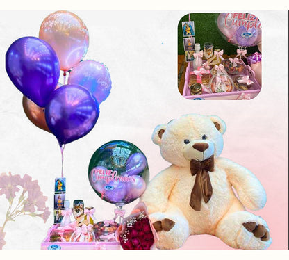 Brunch Premium completo con oso de 1 metro, rosas y globos