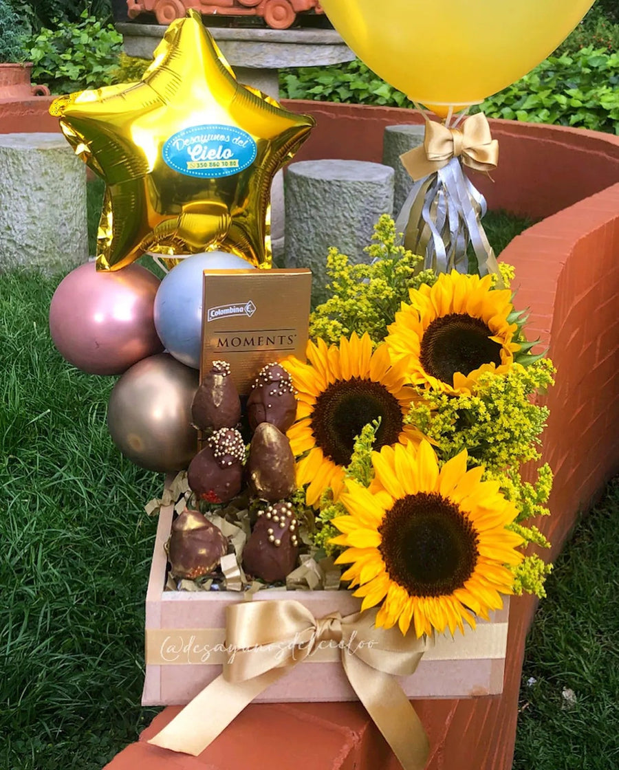 Girasoles con chocolates y globos, color