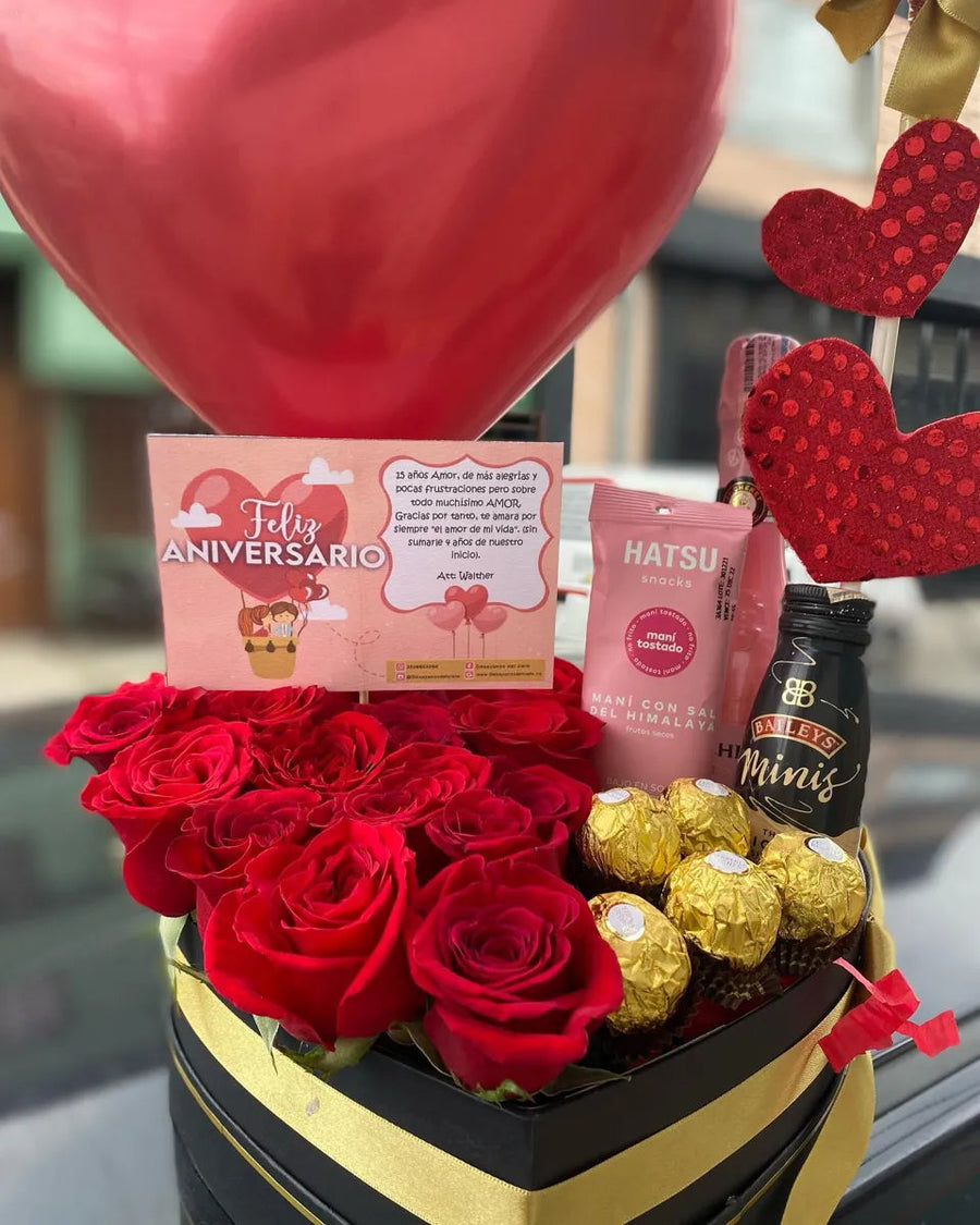Rosas con Ferrero y tarjeta, cercano